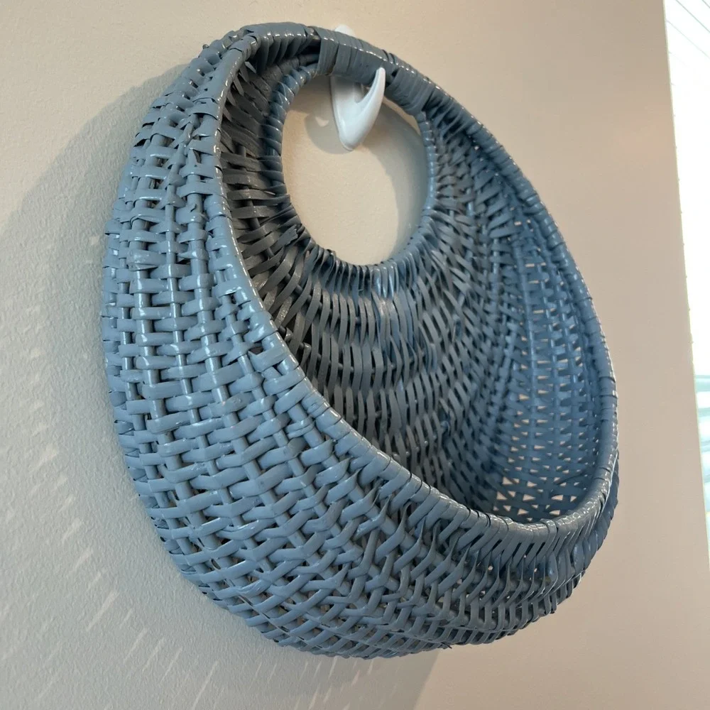 Woven Wicker Pocket Basket Blue Grayish Half Moon Design Vintage Painted